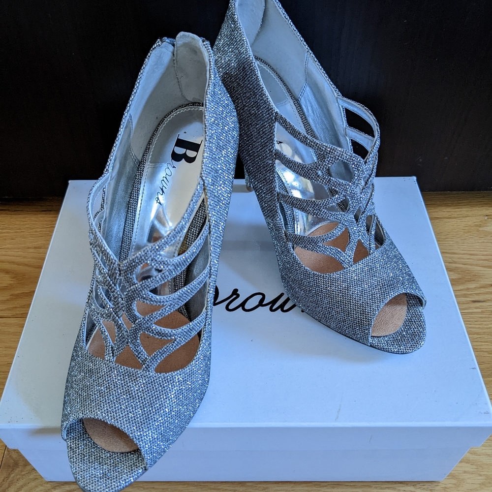 Silver open toe heels